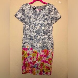 Talbots Gray & Pink Floral Ombré Cap Sleeved Knee Length Sheath Dress 10